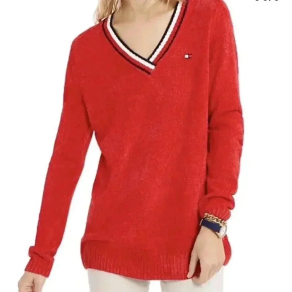 Tommy Hilfiger Sweaters - Tommy Hilfiger Chenille Varsity Style Red Sweater